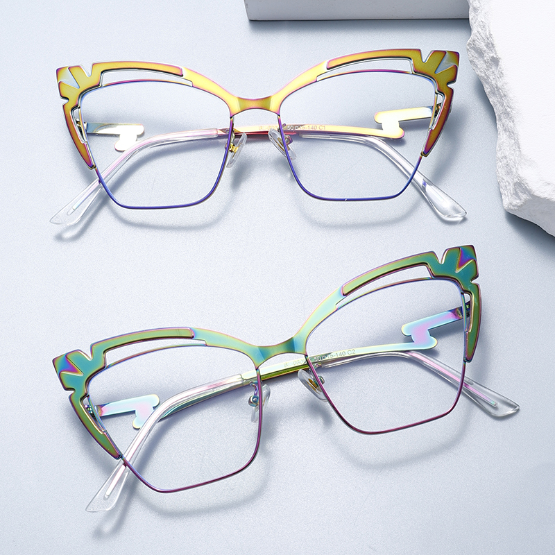 BL66055 Metal Cat Eye Shape Women's Eyeglasses with Print Pattern Stainless Steel Full Rim Fashion Glasses for Daily Wear