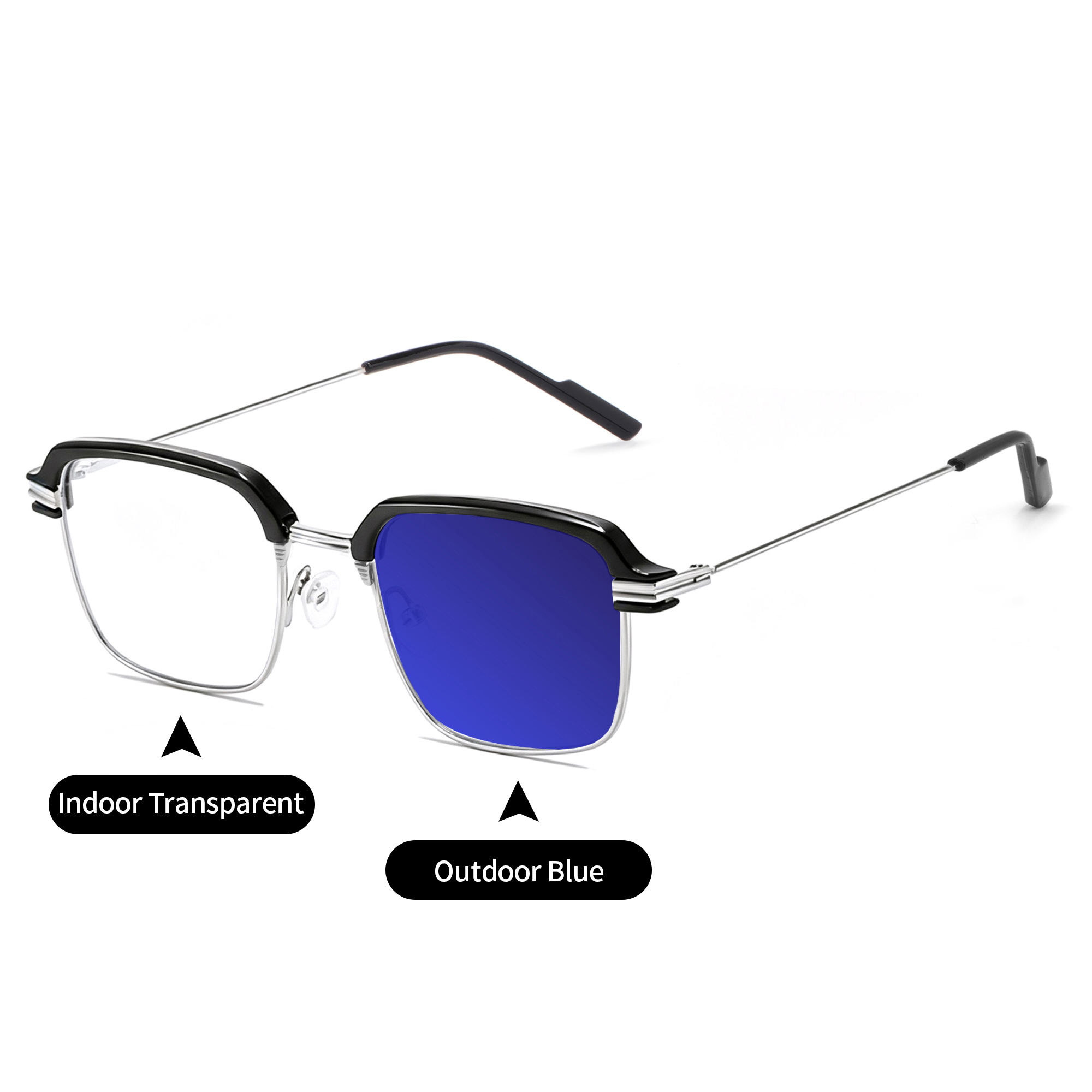 Fashion Square Browlines Metal Eyeglasses Frames Men Blue Reflection Film Photochromic Glasses Optical Computer Eyewear UV400