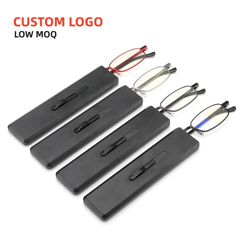 Ultra Thin Mini Reading Glasses With Push-Pull Eyeglasses Case Anti Blue Light Resin Lens Metal Reading Spectacles