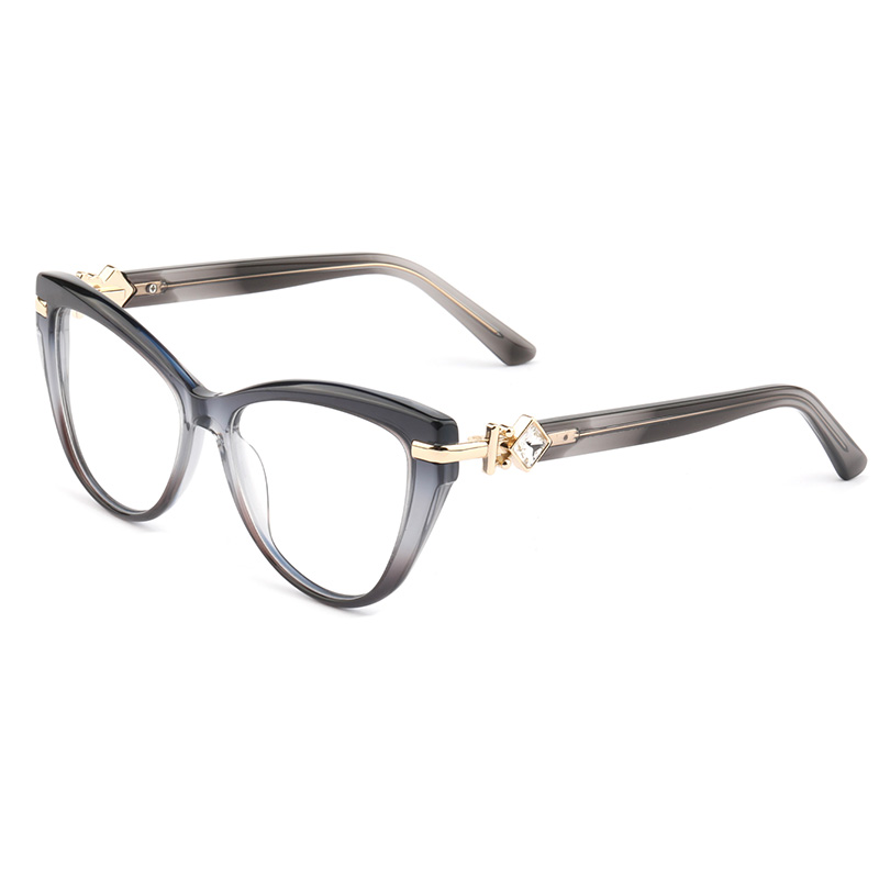 Women's Luxury Acetate and Mix Metal Cat Eye Full-Rim Optical Frames Fashionable Solid Pattern Pink Blue
