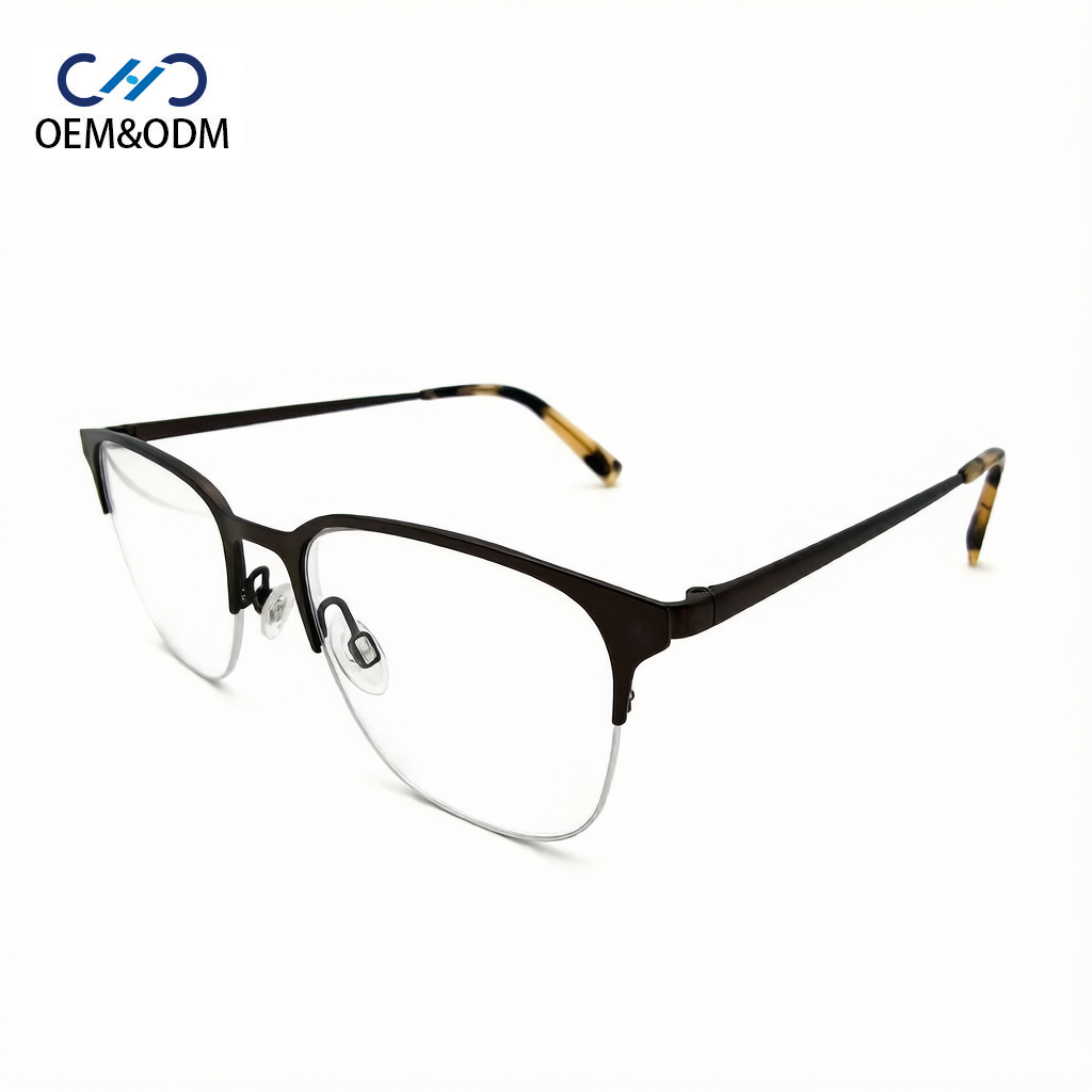 631333 Half Rim Classic Brow Line Metal Optical Eyeglasses Frame Business Metal Spectacles With Acetate Temple Tips OEM ODM