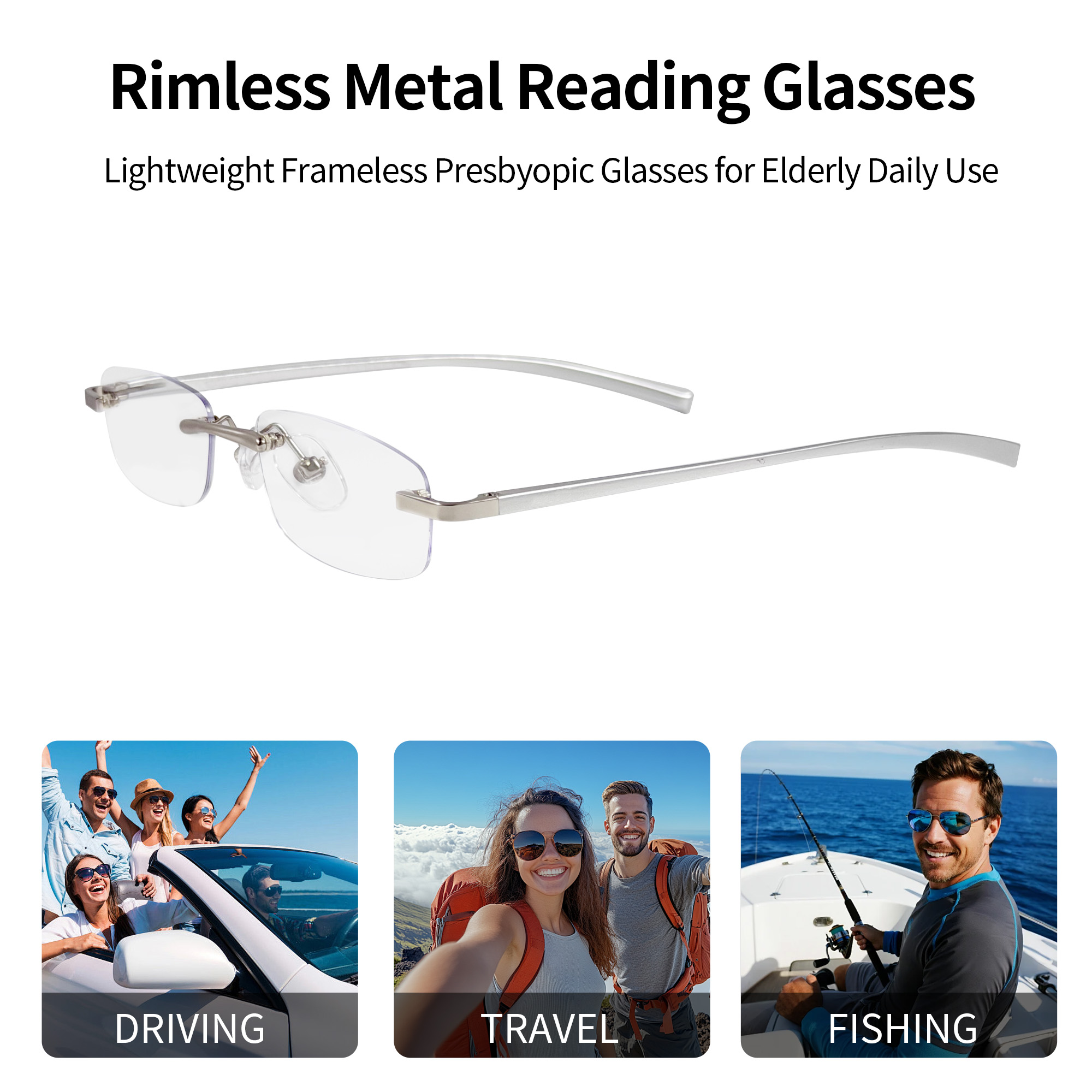 Vintage Retro Square Frameless Lightweight Unisex Reading Glasses with PC Lenses