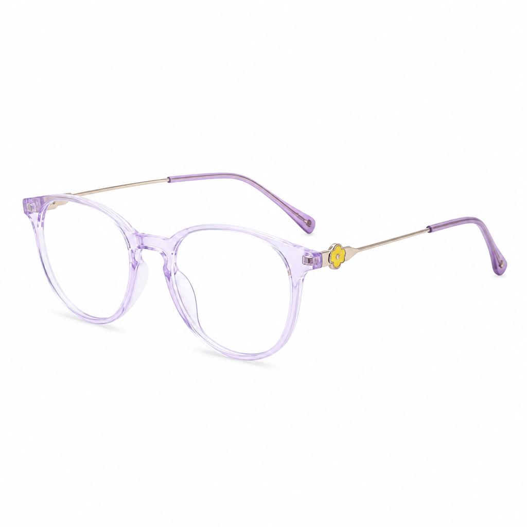 Retro Children's Round Optical Glasses Frames Model 03001 Kids Jelly Pink Purple Blue Black Eyeglasses with Yellow Flower Decor