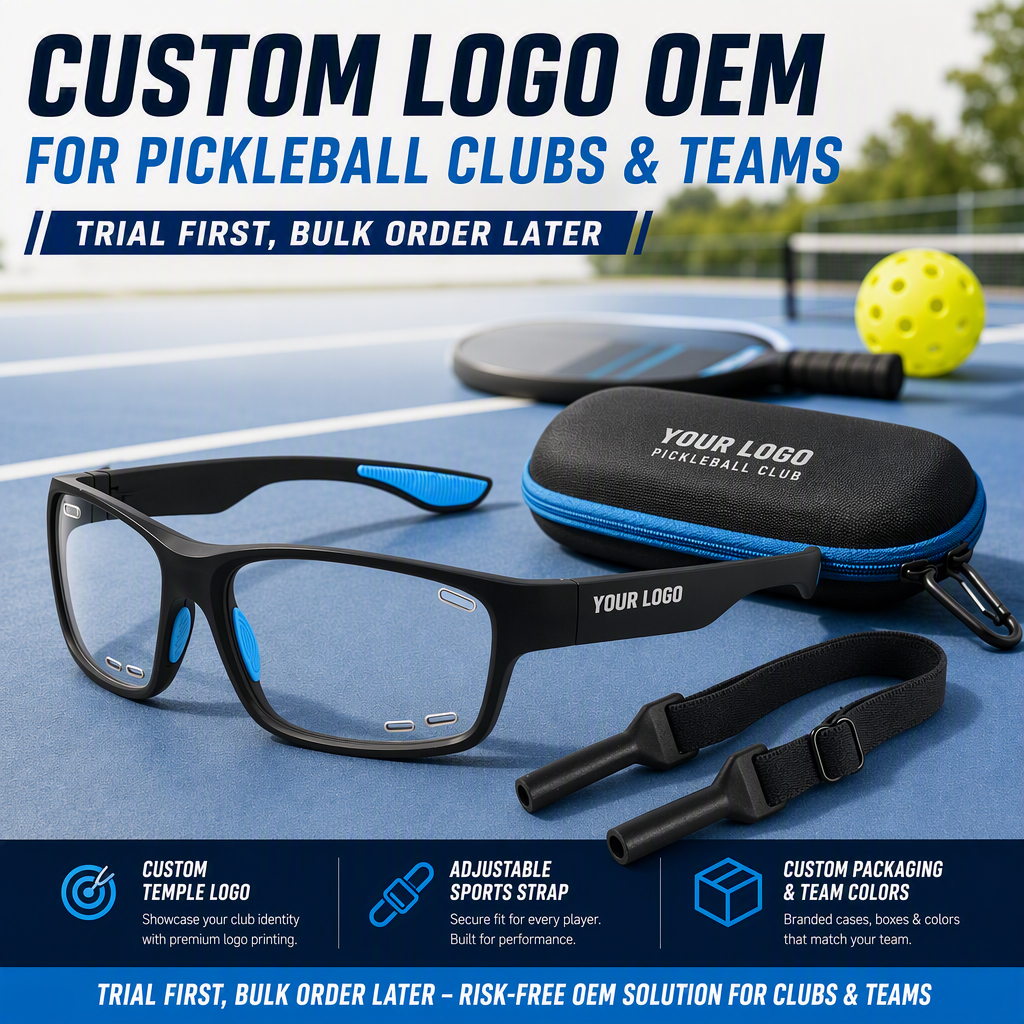 Club Trial Pickleball Glasses Clear Photochromic Lens Sports Eyewear Low MOQ Custom Logo OEM for Teams