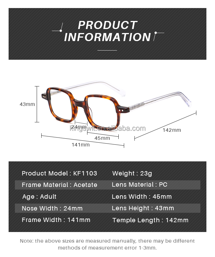 KingSwit KF1103 Trendy Custom Acetate Square Optical Frame Eyeglasses Geometric Pattern CE Certified Retro Style Unisex 3 Colors