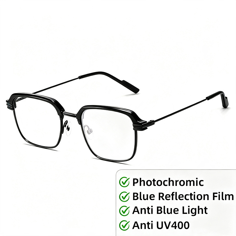 Fashion Square Browlines Metal Eyeglasses Frames Men Blue Reflection Film Photochromic Glasses Optical Computer Eyewear UV400