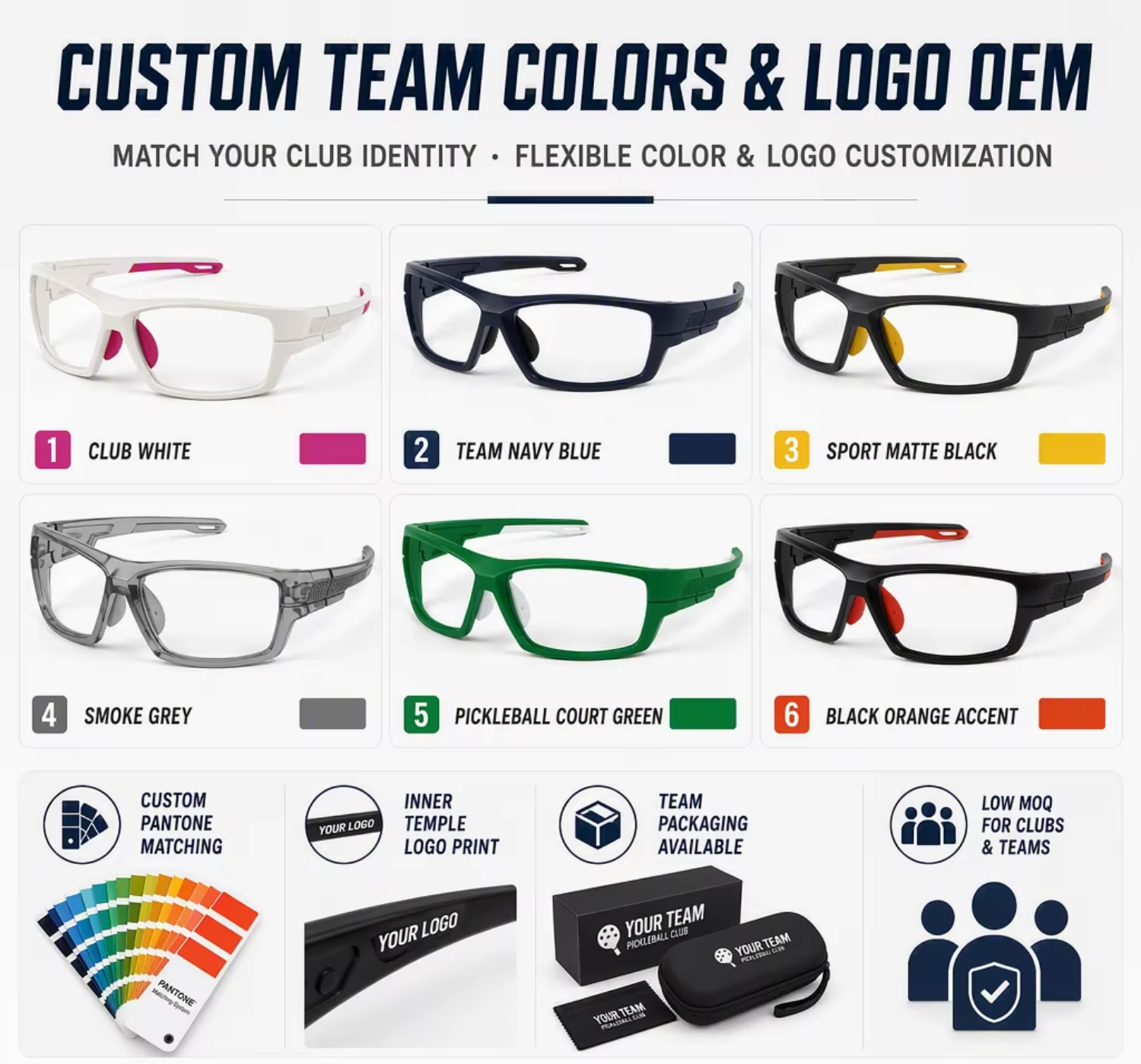 Clear Lens Pickleball Glasses Court Training Sports Eyewear Photochromic Option Custom Logo OEM for Clubs