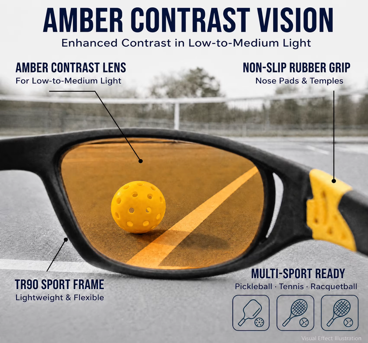 Amber Tint Pickleball Glasses Contrast Enhancing PC Lens TR90 Sports Eyewear Custom Logo OEM for Tennis and Racquetball