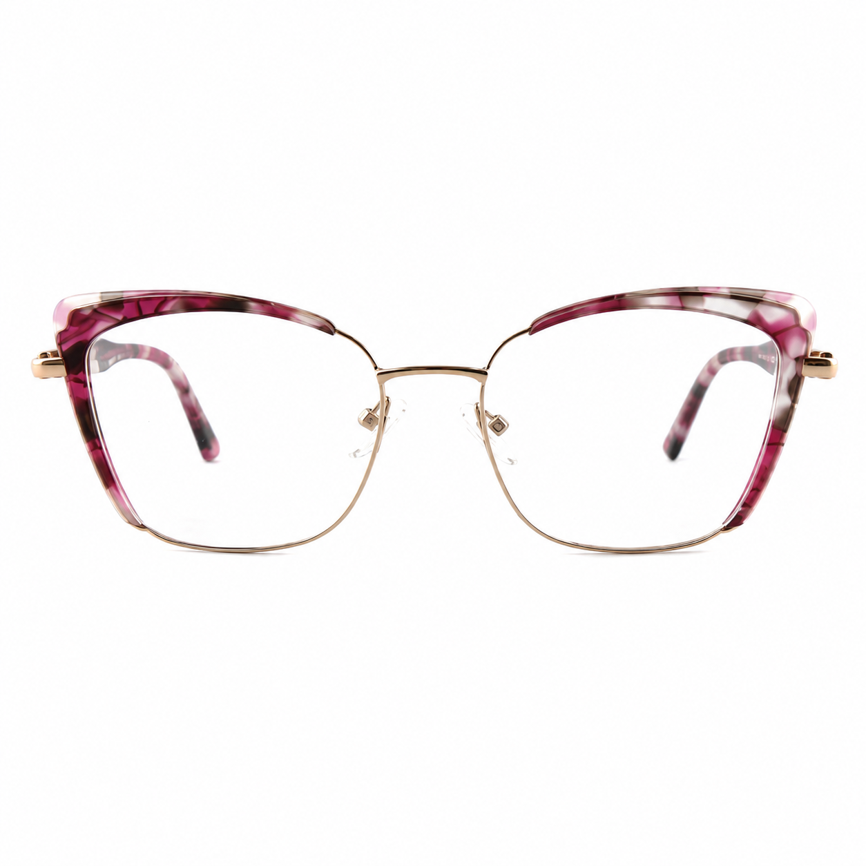 Pink Marble Browline Cat Eye Glasses for Women Gold Half-Rim Optical Frame Acetate-Metal Hybrid Prescription Eyewear