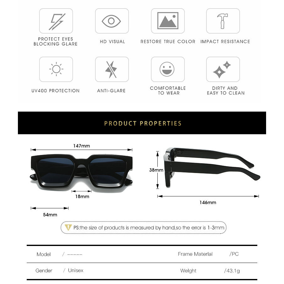 2026 Thick Black High Quality Men's Oem Sunglasses Manufacturer Logo Custom Men Uv400 Fashion Square Sunglasses Women