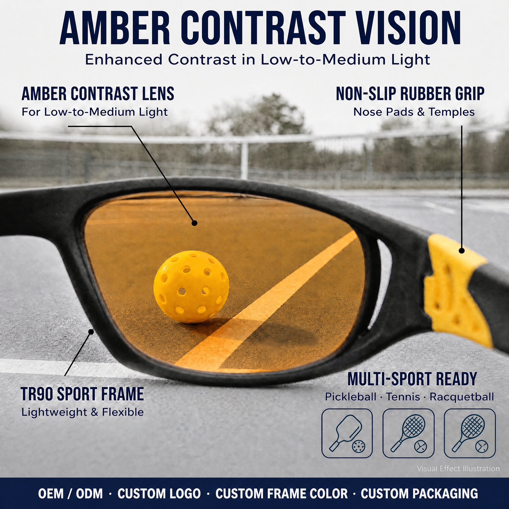 Amber Tint Pickleball Glasses Contrast Enhancing PC Lens TR90 Sports Eyewear Custom Logo OEM For Tennis And Racquetball