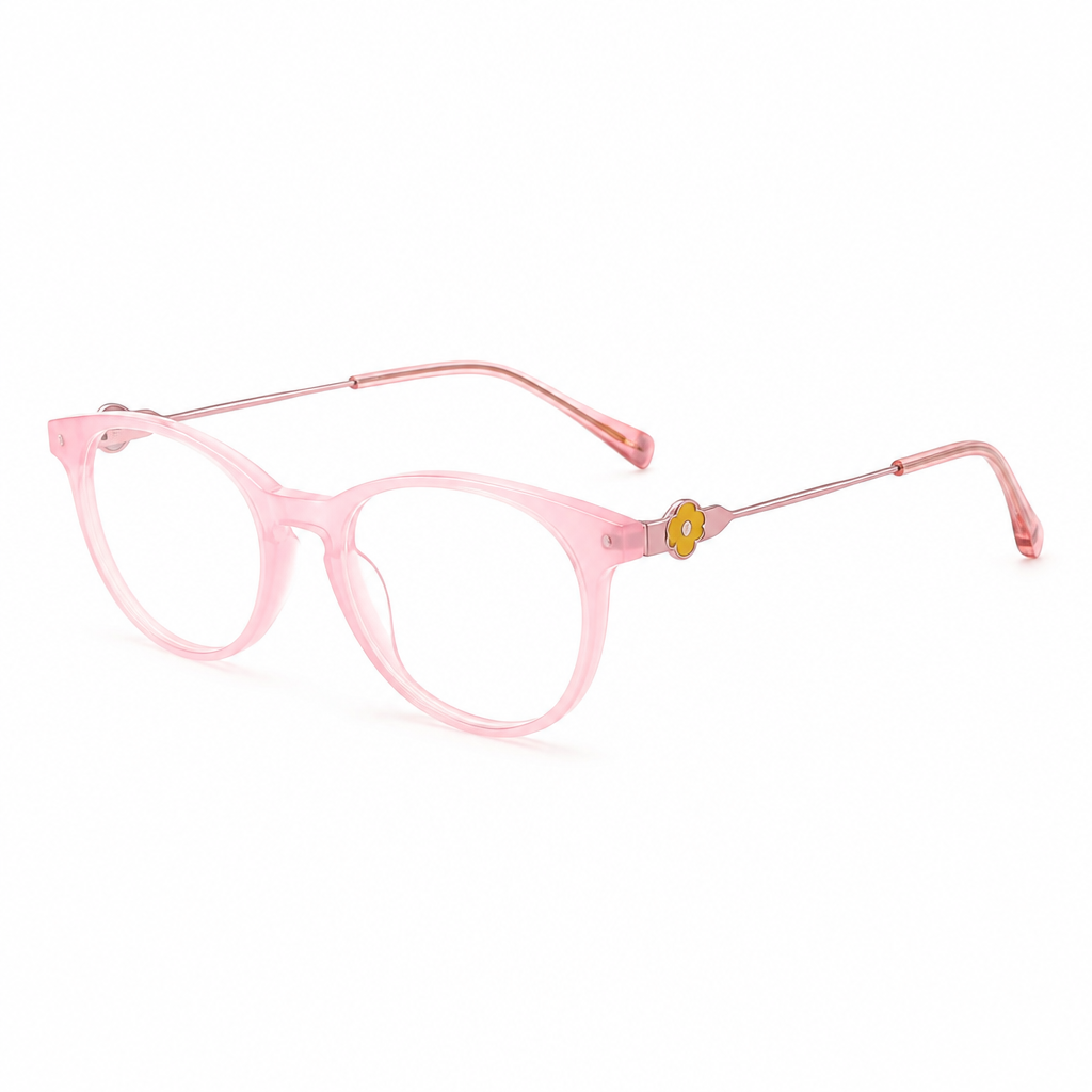 Retro Children's Round Optical Glasses Frames Model 03001 Kids Jelly Pink Purple Blue Black Eyeglasses with Yellow Flower Decor
