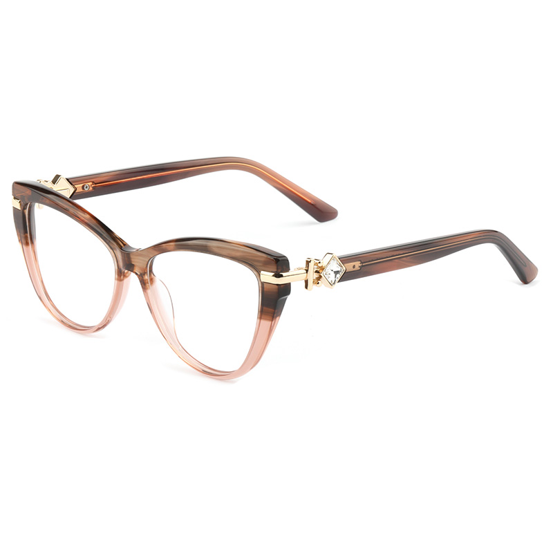 Women's Luxury Acetate and Mix Metal Cat Eye Full-Rim Optical Frames Fashionable Solid Pattern Pink Blue