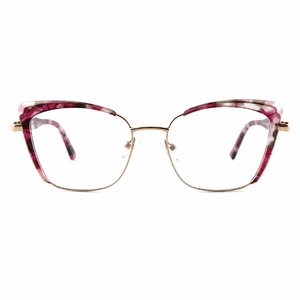 Pink Marble Browline Cat Eye Glasses for Women Gold Half-Rim Optical Frame Acetate-Metal Hybrid Prescription Eyewear