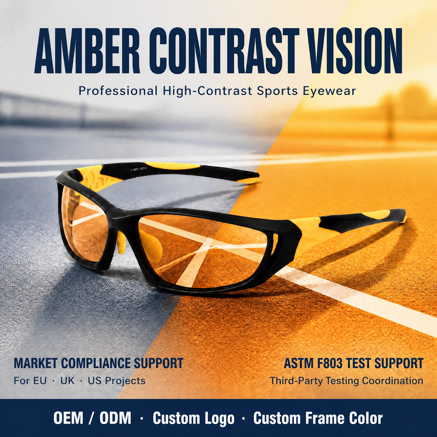 Amber Tint Pickleball Glasses Contrast Enhancing PC Lens TR90 Sports Eyewear Custom Logo OEM For Tennis And Racquetball