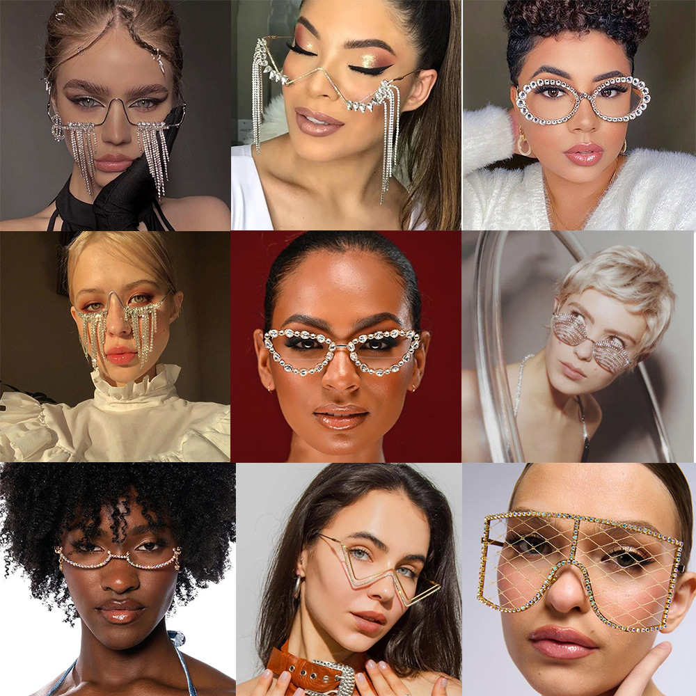 Cross-border Best-selling Rhinestone Eyeglass Frames for Women High-end Look Diamond-encrusted Rimless square Face Shape