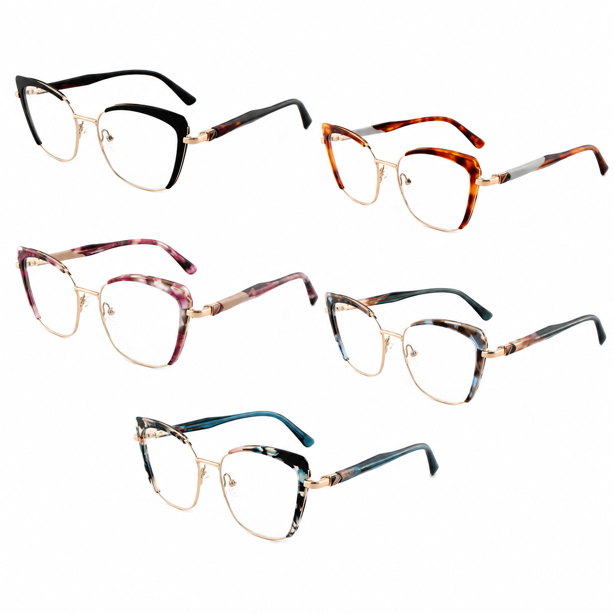 Pink Marble Browline Cat Eye Glasses for Women Gold Half-Rim Optical Frame Acetate-Metal Hybrid Prescription Eyewear