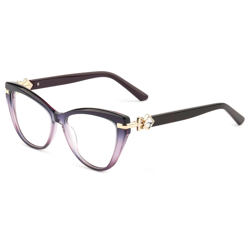 Women's Luxury Acetate and Mix Metal Cat Eye Full-Rim Optical Frames Fashionable Solid Pattern Pink Blue