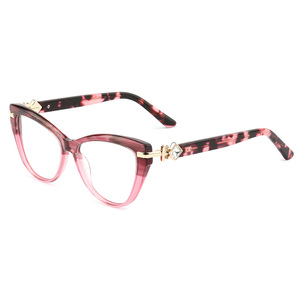Women's Luxury Acetate and Mix Metal Cat Eye Full-Rim Optical Frames Fashionable Solid Pattern Pink Blue