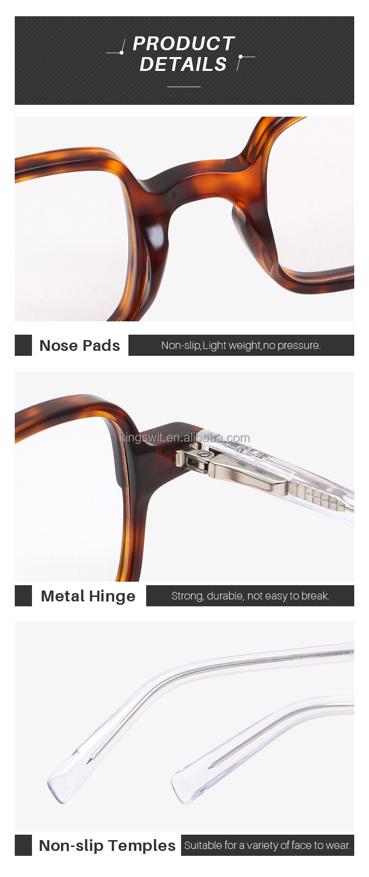 KingSwit KF1103 Trendy Custom Acetate Square Optical Frame Eyeglasses Geometric Pattern CE Certified Retro Style Unisex 3 Colors