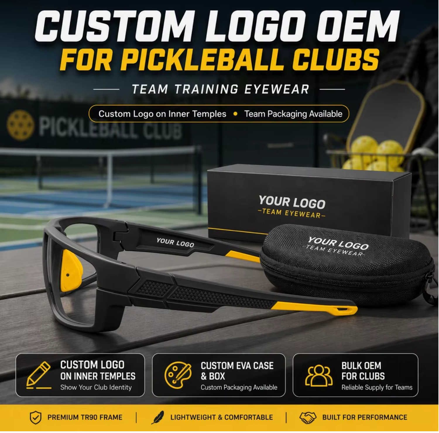 Clear Lens Pickleball Glasses Court Training Sports Eyewear Photochromic Option Custom Logo OEM for Clubs