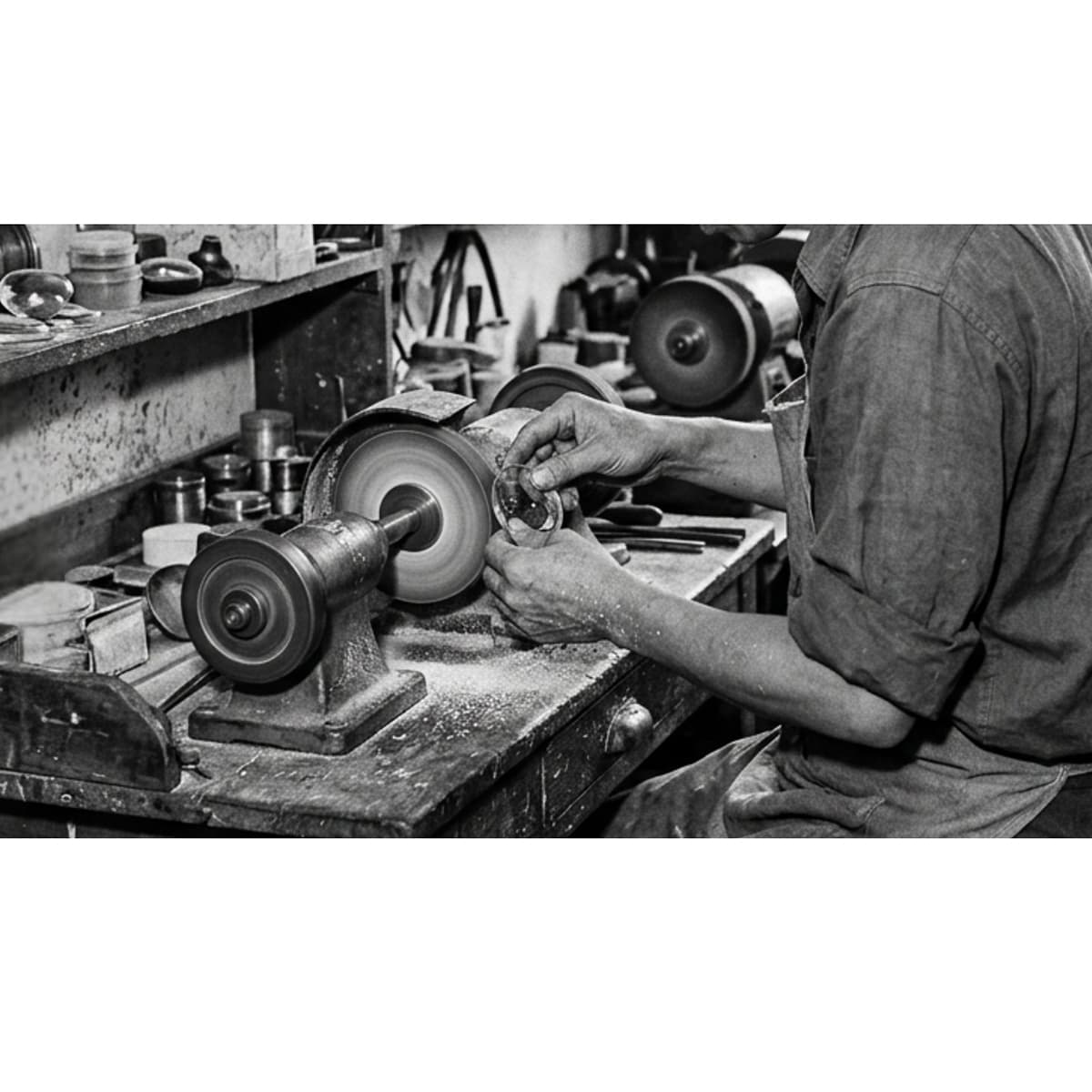 1960s Lens Cutting Workshop Scene showing early optical grinding craft